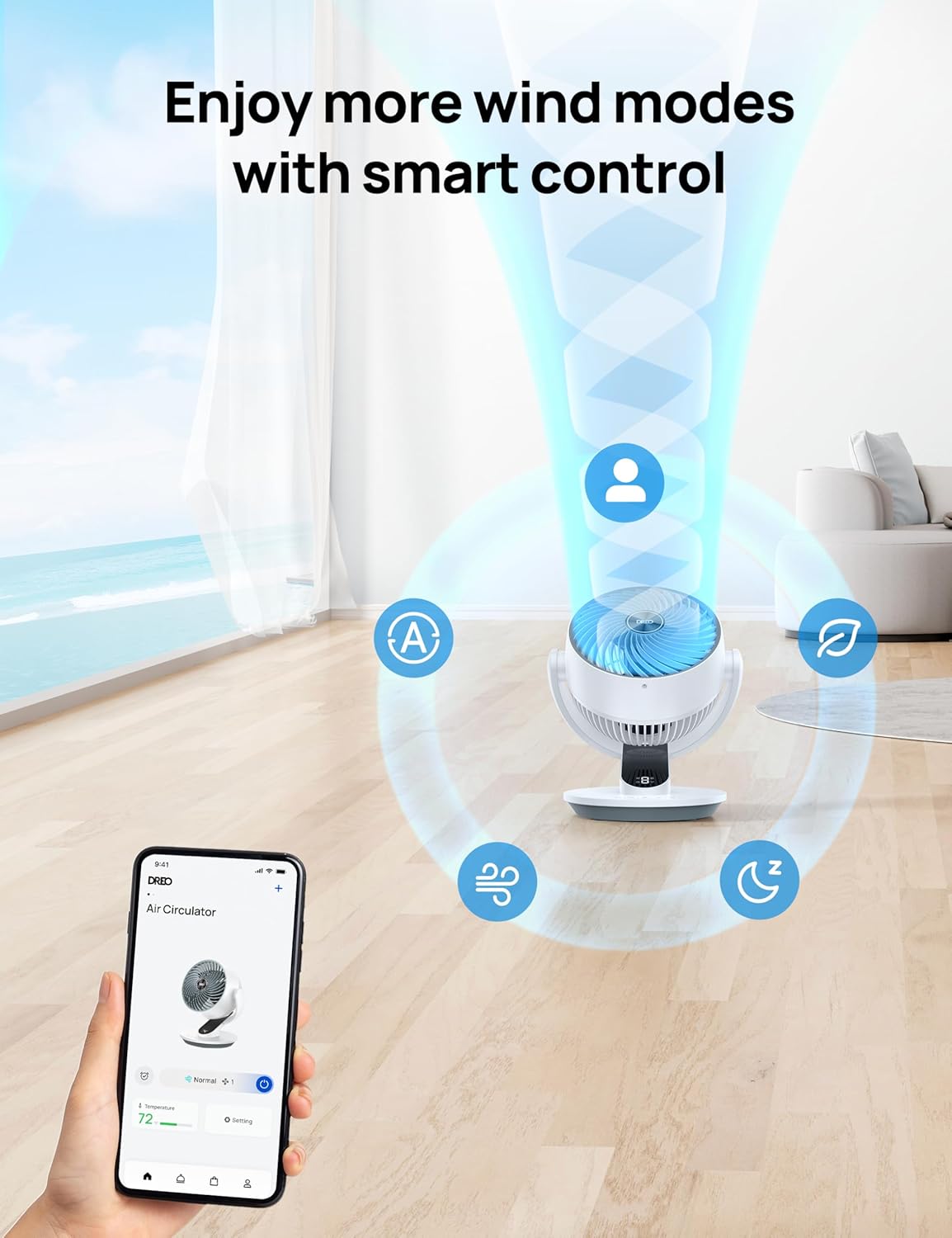 Dreo Smart Fan for Bedroom,120° Vertical and 90° Oscillating Fan with Remote/Voice, 13 Inch Height Quiet Air Circulator for Whole Room, 70 ft, 4 Speeds, 5 Modes, 12H Timer, Desk Fans for Home，White