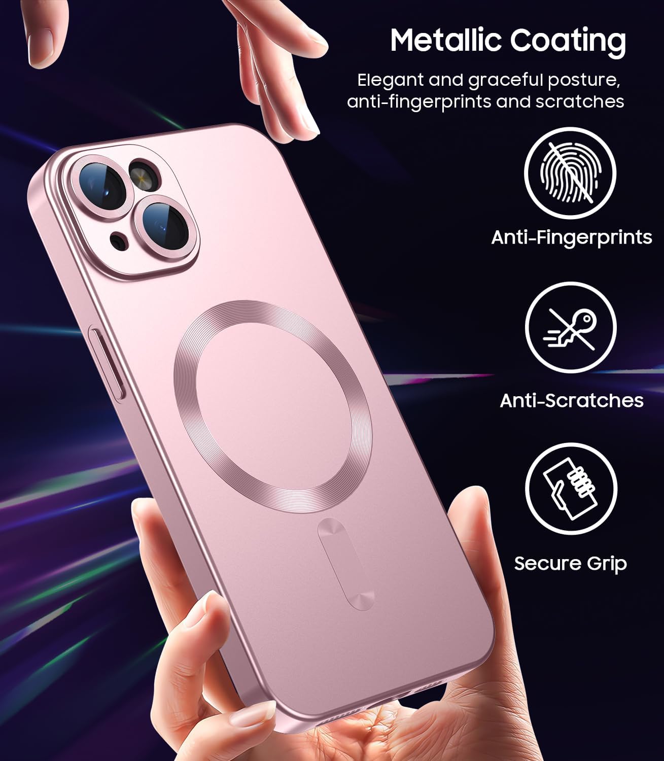 Magnetic for iPhone 14 Case [Compatible with MagSafe][Built-in Camera Lens Protector] Slim Soft Silicone Bumper Shockproof Metallic Luster Phone Case (Rose Gold)