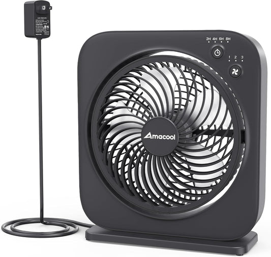 AMACOOL Table Fan, 12 inch Box Fan with 3 Adjustable Speeds & 8HRS Timer, 270° Pivoting Quiet Air Circulator, Desktop Fan for Bedroom Bathroom Kitchen Office, AC Adapter Included-Black