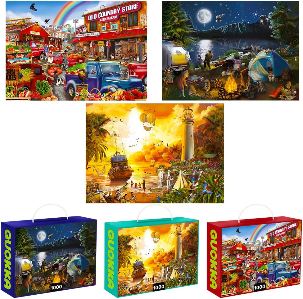 Quokka Puzzles for Adults 1000 Pieces and Up - 3 Pack of 1000 Piece Puzzles for Kids Ages 8-10-12 - Enjoy Market, Lighthouse and Camping Designs for Women and Men