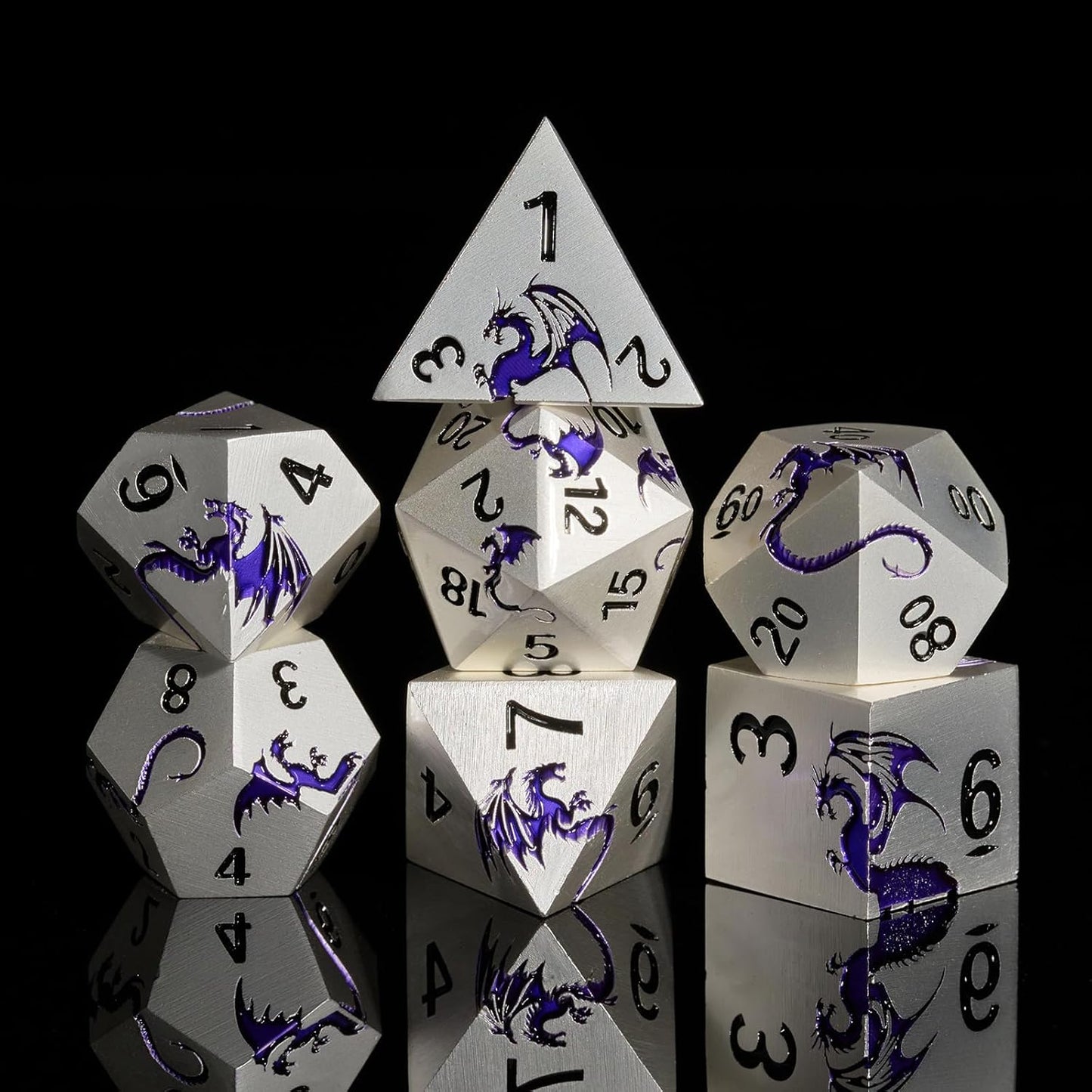 Purple Dragon Metal Dice HNCCESG 7 Piece Heavy Metallic D&D Dice Set with Dungeons and Dragon Gift Dice Box for TTRPG Tabletop Game (Matte Silver Purple)