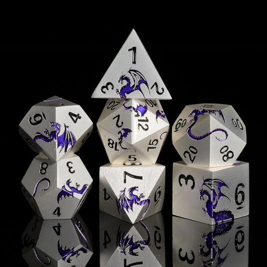 Purple Dragon Metal Dice HNCCESG 7 Piece Heavy Metallic D&D Dice Set with Dungeons and Dragon Gift Dice Box for TTRPG Tabletop Game (Matte Silver Purple)