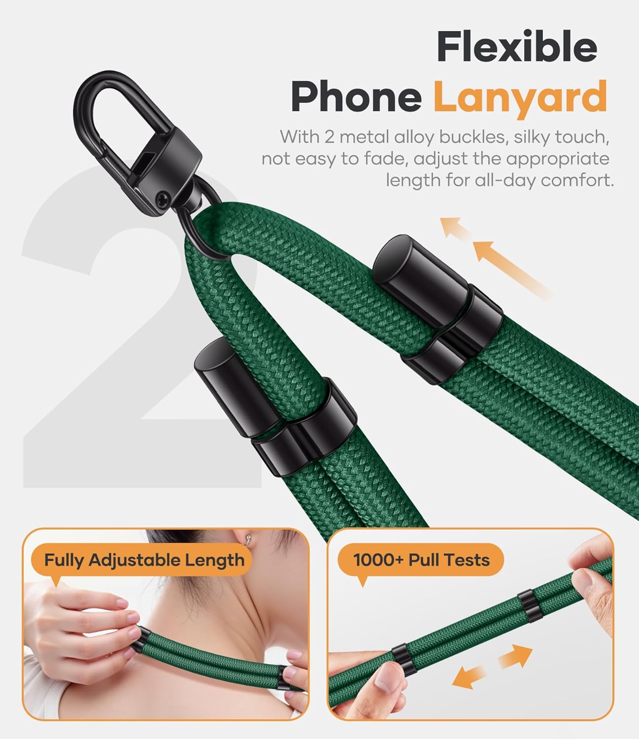 for Phone Lanyard Crossbody with 2X Clear Phone Tabs, Adjustable Anti Theft Phone Strap, Premium Metal Carabiner, Skin-Soft, Wrist Strap for iPhone Samsung Pixel Most Smartphones, Green