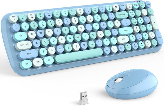 KNOWSQT Wireless Keyboard and Mouse Combo, Light Blue 100 Keys 2.4 GHz Round Keycap Typewriter Keyboards, USB Receiver Plug and Play, for Windows, PC, Laptop, Computer, Desktop