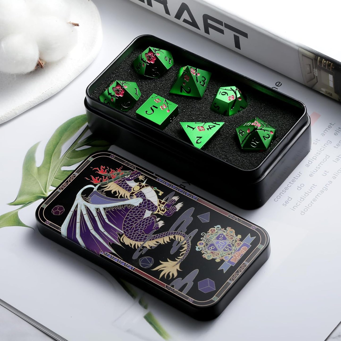 Matt Green Metal Dice Set, DNDND 7 PCS Heavy Metallic D&D Dice Set with Gorgeous Gift Case for Dungeons and Dragon Tabletop Game (Matte Green with Pink Flower)