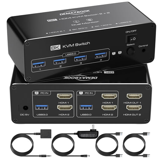 DEMEXBOOK HDMI KVM Switch 2 Monitors 2 Computers 8K@60Hz 4K@120Hz, with 4 USB 3.0 Ports for 2 Computers Sharing 2 Monitors, Extended/Copy Mode, with Power Adapter,Includes Remote & 2 USB Cables