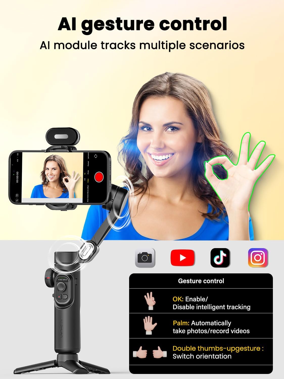 XE AI Version,Gimbal Stabilizer for Smartphone,NO APP AI Tracking, Gesture Control,360°Inception Gimbal with TikTok YouTube,3-Axis Foldable Handheld Tripod for iPhone& Android,Black