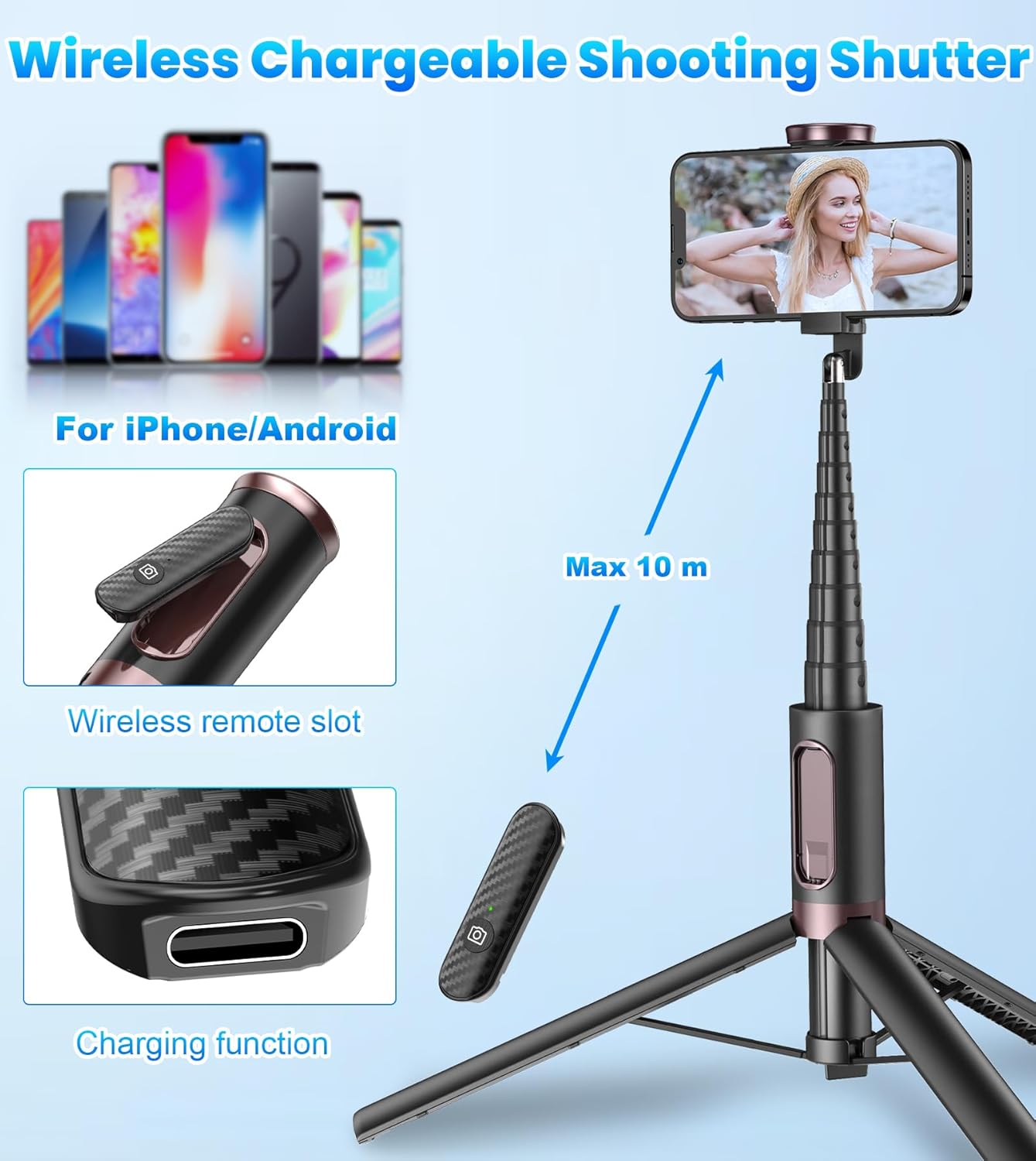 TONEOF 67" Cell Phone Selfie Stick Tripod,Smartphone Stand All-in-1 with Integrated Wireless Remote,Portable,Lightweight,Extendable for iPhone/Android(Black)