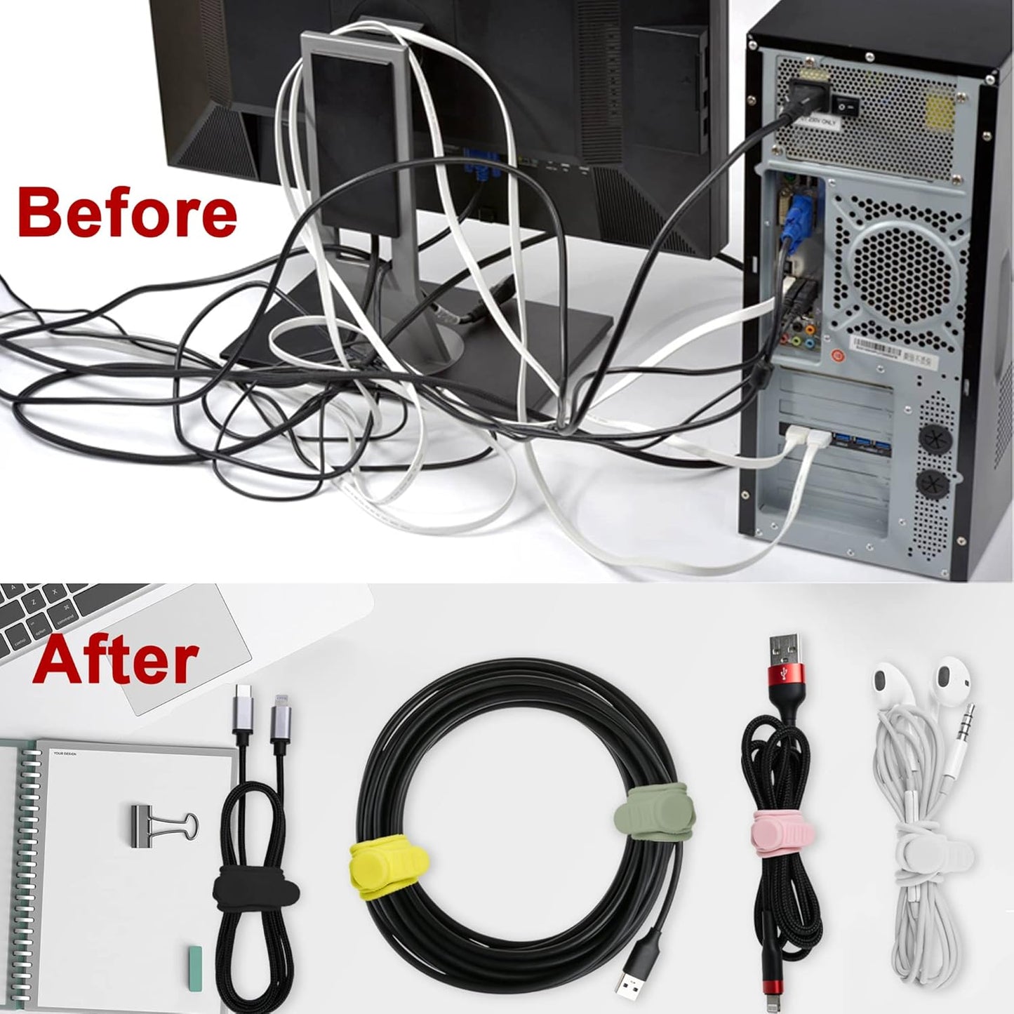 Nearockle 50Pcs Silicone Cable Ties Cord Organizer for Bundling Earphone, Phone Charger, Computer Cords, Reusable Cable Ties Wire Organizer in Home,Office,Kitchen,School (5 Colors)