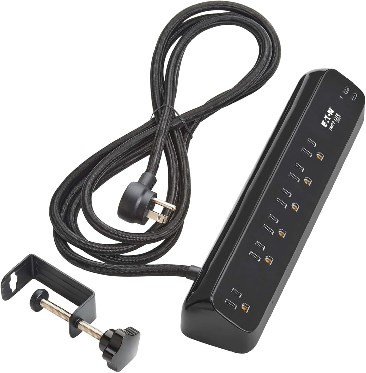 Eaton Tripp Lite series Desk Clamp Power Strip Surge Protector, 6-Outlets, 2x 30W USB-C Charging Ports, 900 Joules, 10ft Braided Flat Extension Cord, Lifetime Manufacturer's Warranty (TLP610U30CLAMPB)