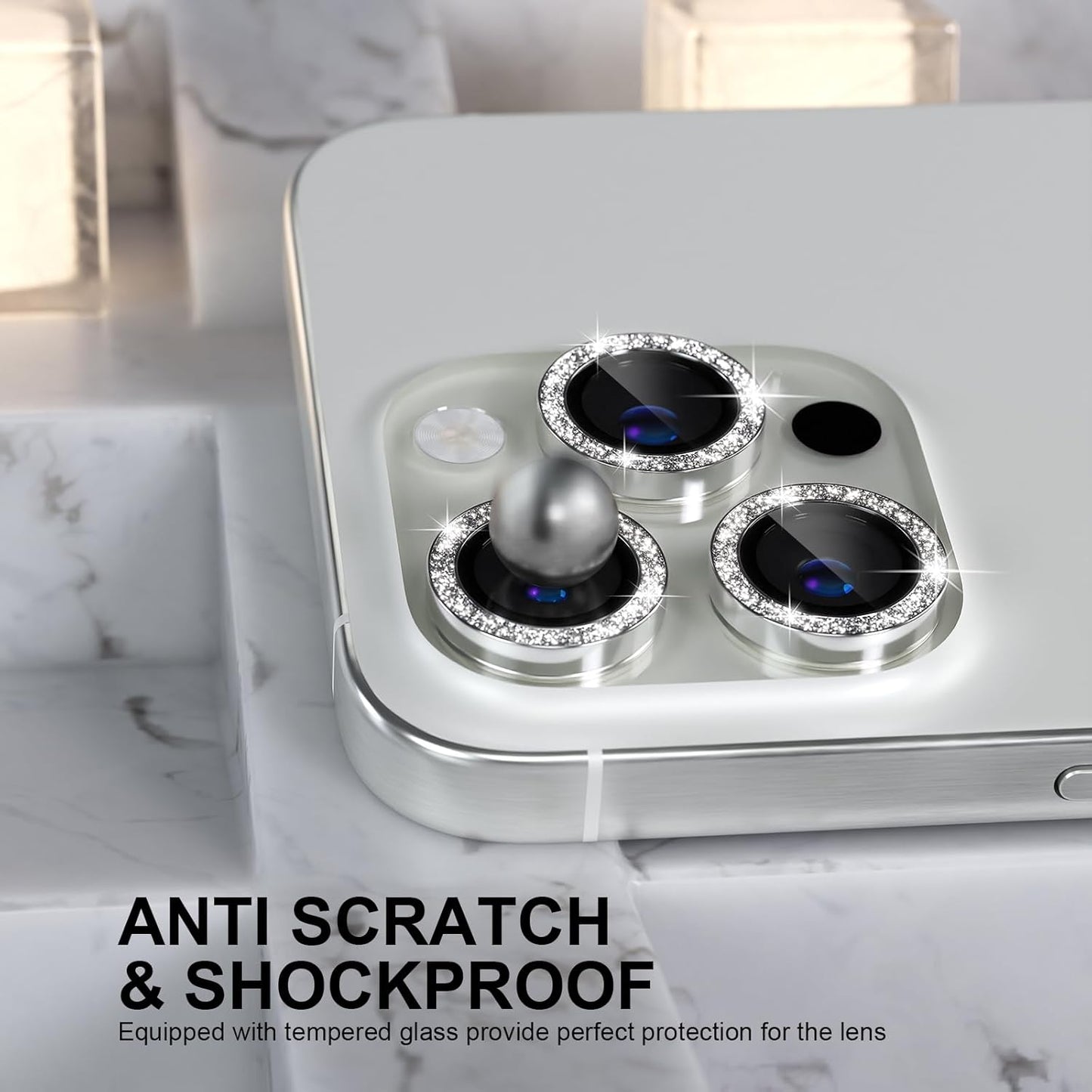 Choiche Compatible for iPhone 16 Pro/iPhone 16 Pro Max Camera Lens Protector Bling, 9H Tempered Glass Camera Cover Screen Protector Metal Ring Decoration Accessories (Glitter-Silver)