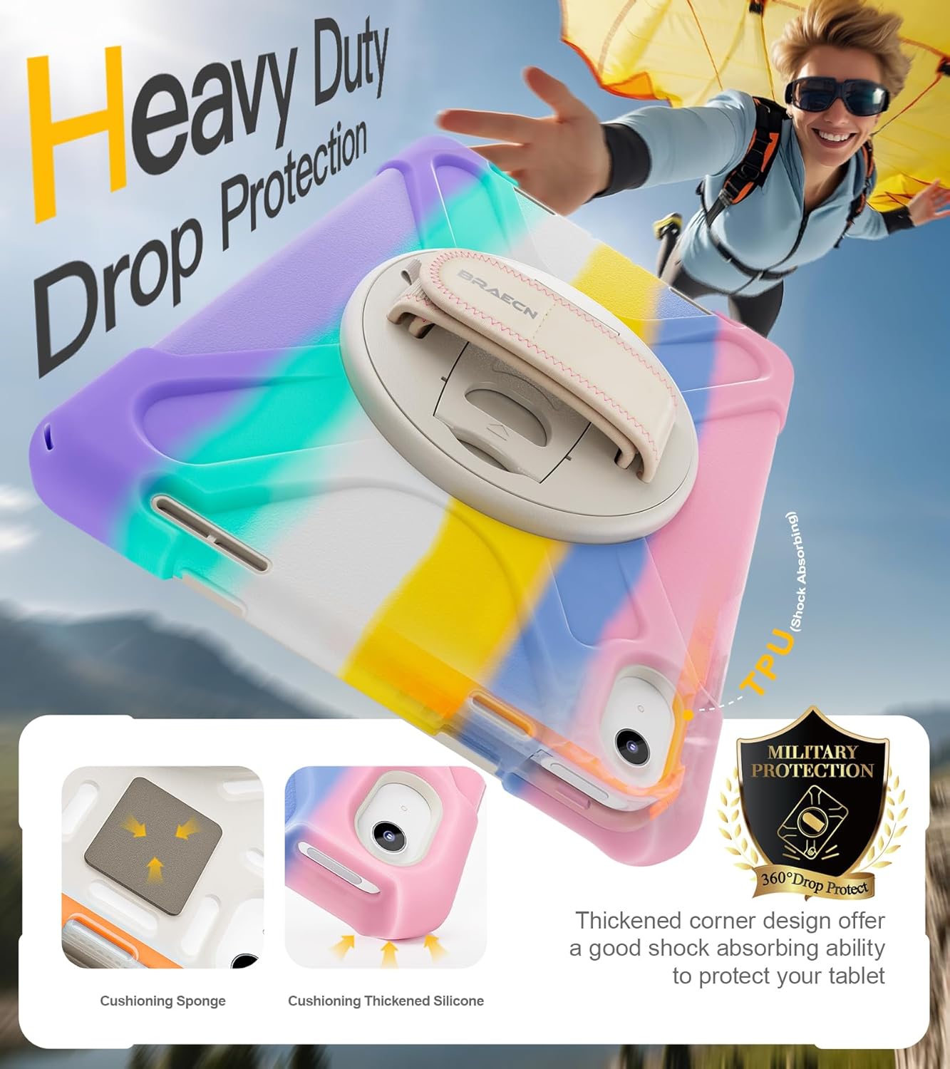 BRAECN for iPad (A16) 11th/10th Generation case 11/10.9 inch 2025/2022 Heavy Duty Shockproof Protective with Pencil Holder Screen Protector 360°Rotating Stand Handle & Shoulder Strap Full Body Cover