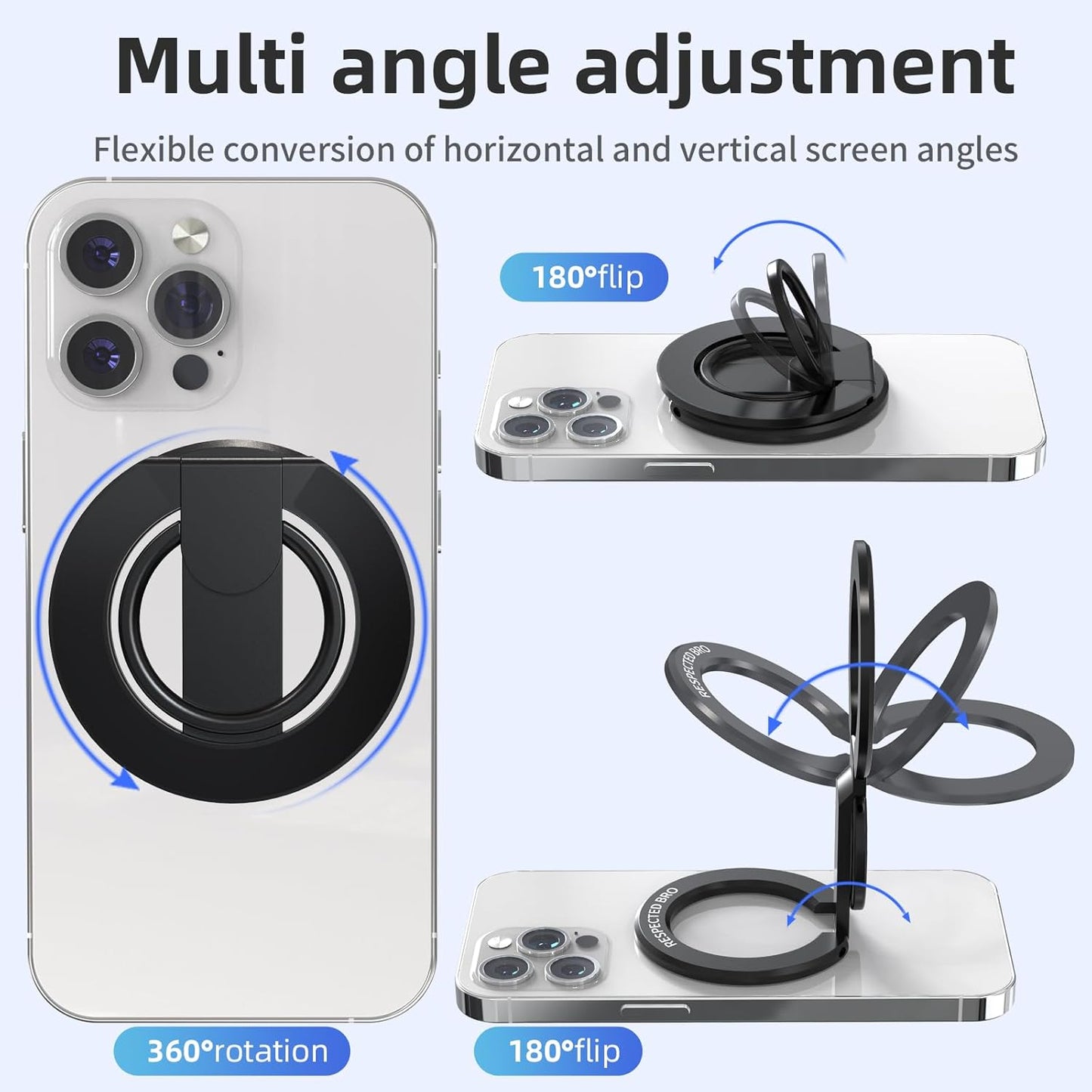 RESPECTED BRO-Magnetic-Phone-Ring-Holder with Dual Rings, Compatible with iPhone 16/15/14/13/12, Multifunctional Stand for Desk,Office,Gym,Kitchen & All Metal Surfaces, Finger Loop Grip (Black)