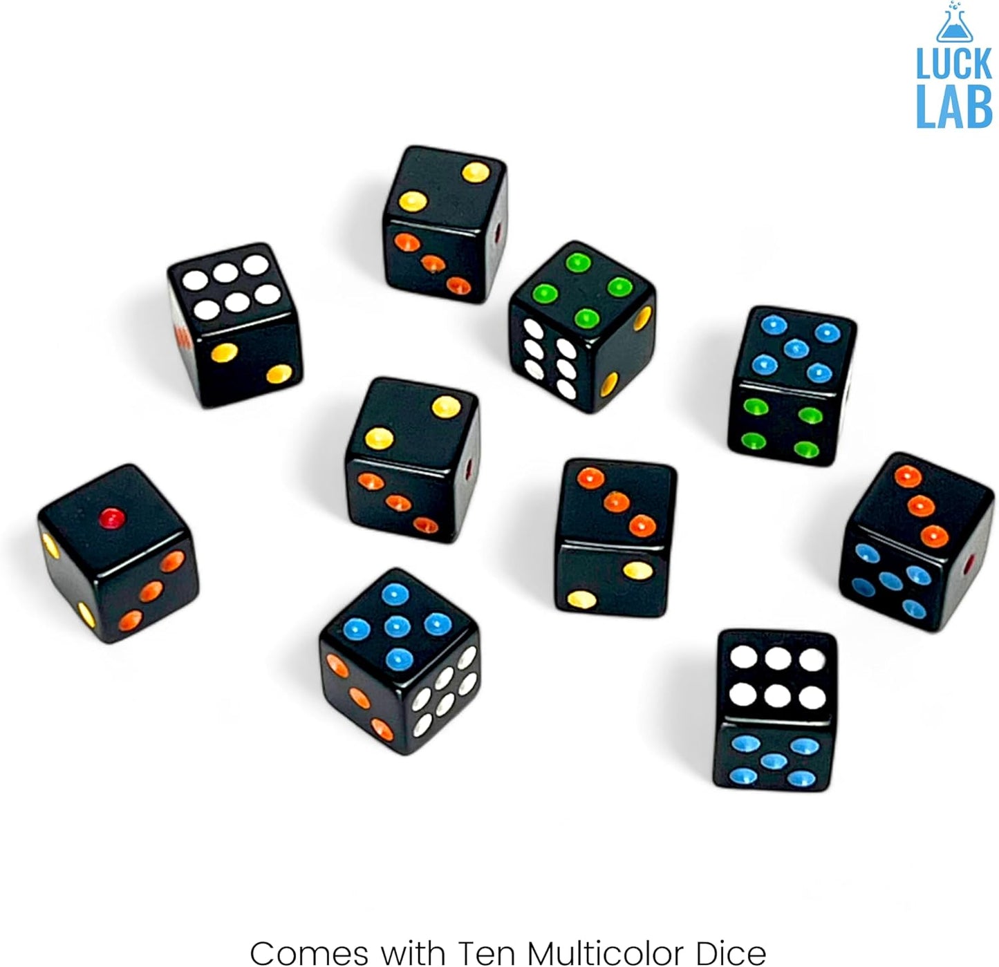 Luck Lab 10 Piece D6 Multicolor Pip Dice Pack - Acrylic 16mm Square Edge Standard Dice for RPG MTG DND Table Games and Board Games, Storage Bag Included (Black Multicolor)
