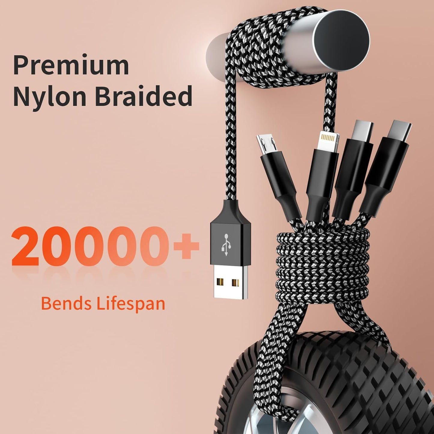 Multi Charging Cable,Dual Type-C Multiple Charger Cable Nylon Braided 4 in 1 Multi USB Cable Charging Cord with IP/Type C/Micro USB Ports for Cell Phones/iPhone/Tablets/Samsung Galaxy & More-1Pack 5Ft