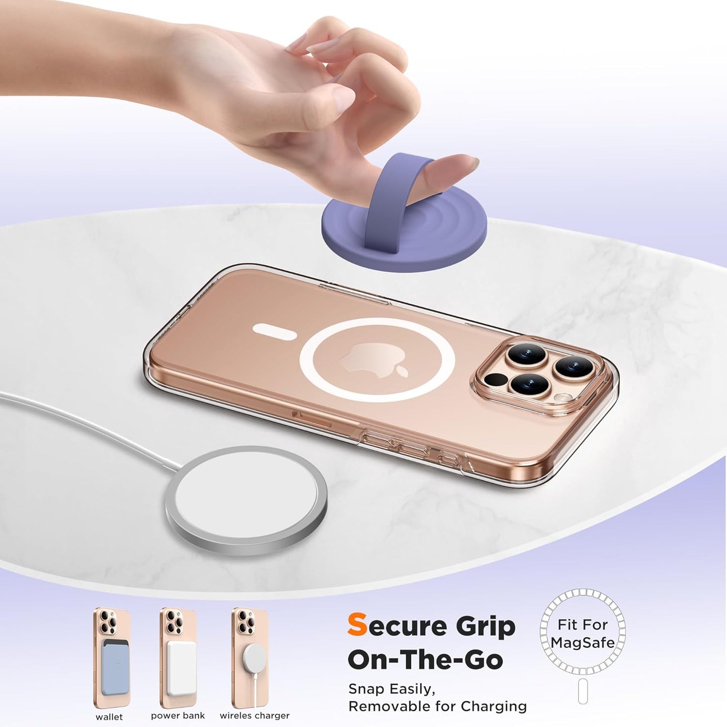 Magnetic Phone Ring Grip Holder, Silicone Finger Loop Grip, Compatible with MasSafe, Back of Phone for iPhone Pro Max/Plus/16/15/15/14/13/12 Series, Lavender