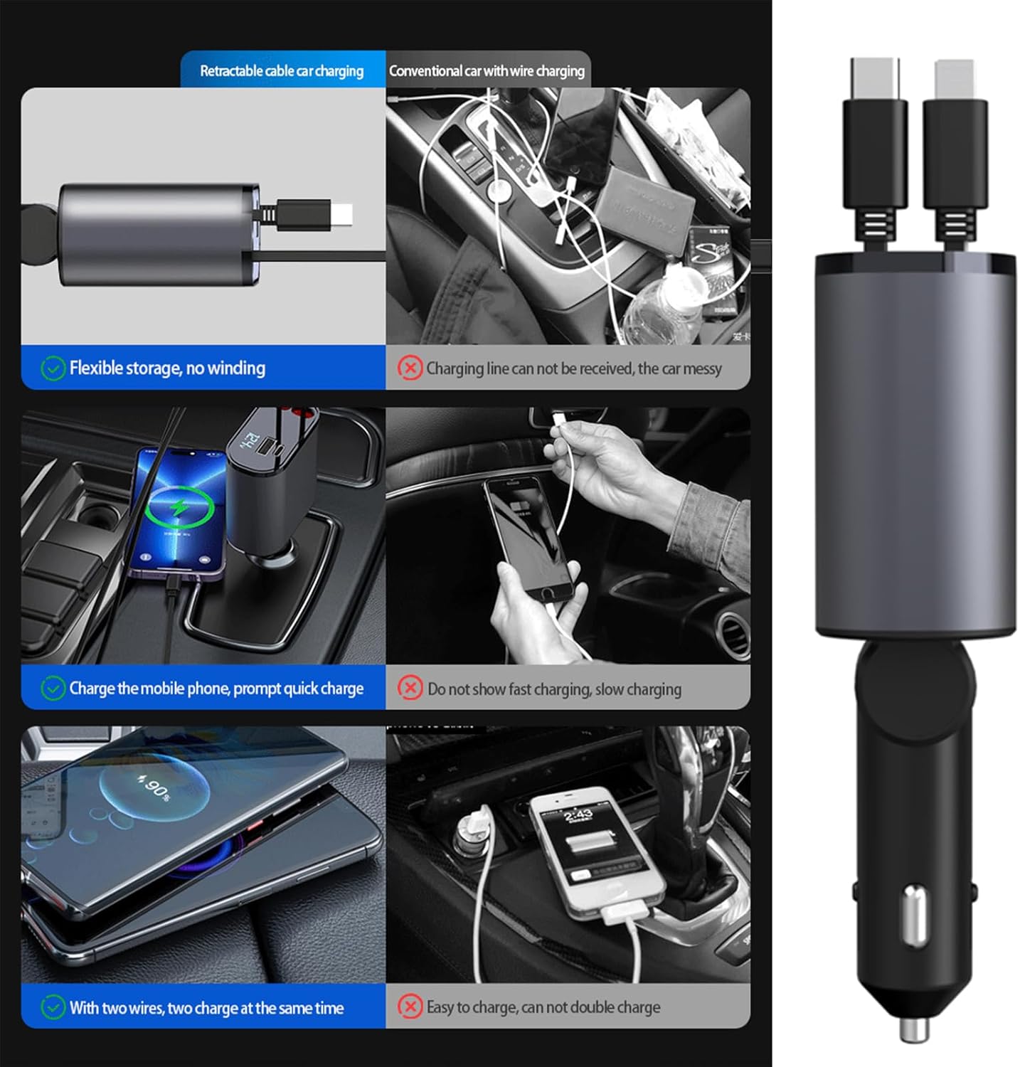 Retractable Car Charger，4 in1 Fast Car Phone Charger with Dual Retractable Cables and 2 Charging Ports (Type C+Lightning Retractable Cords)