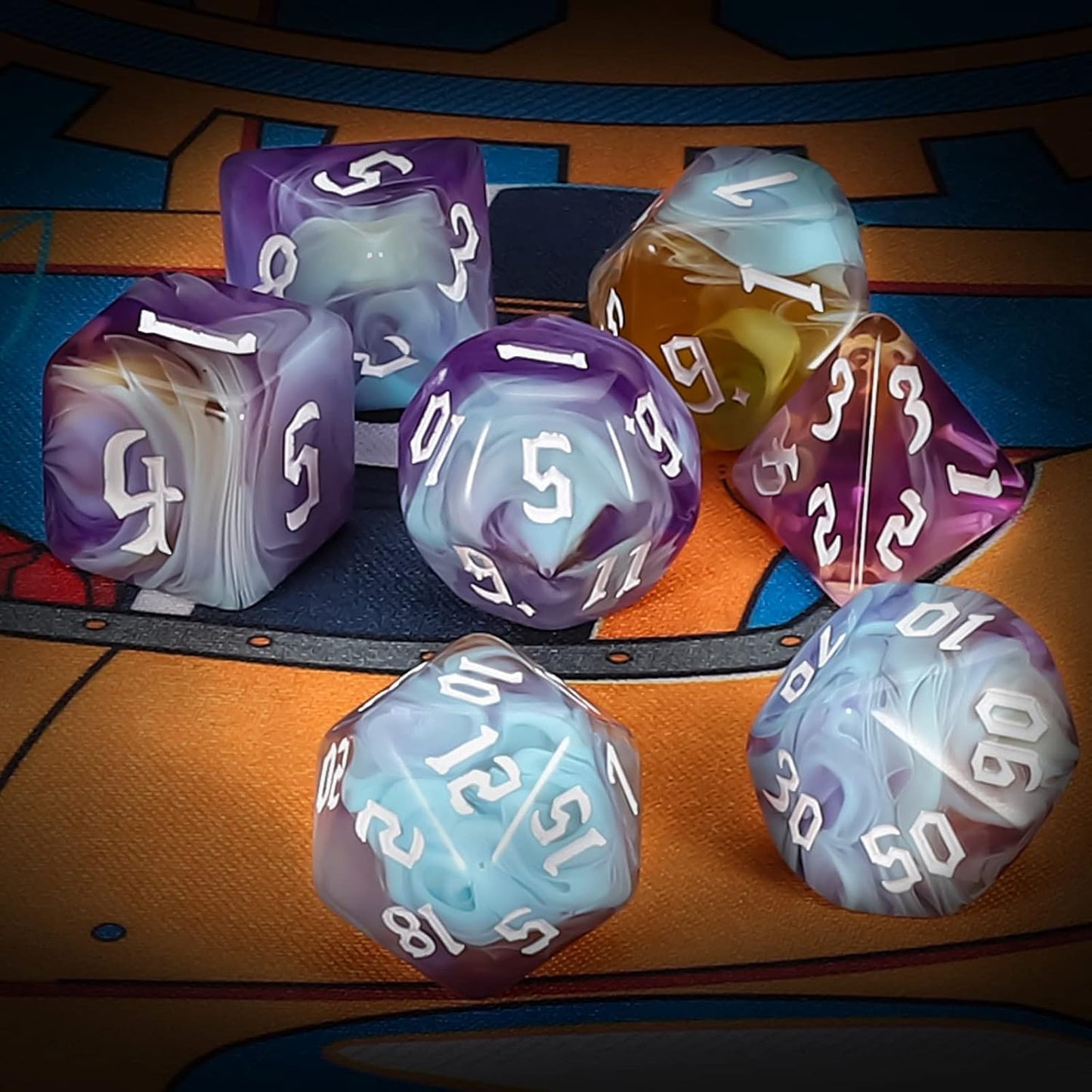 QMAY DND Dice Set -D&D Polyhedral Dice (7pcs) for Dungeons and Dragons (Water Blue and Purple)