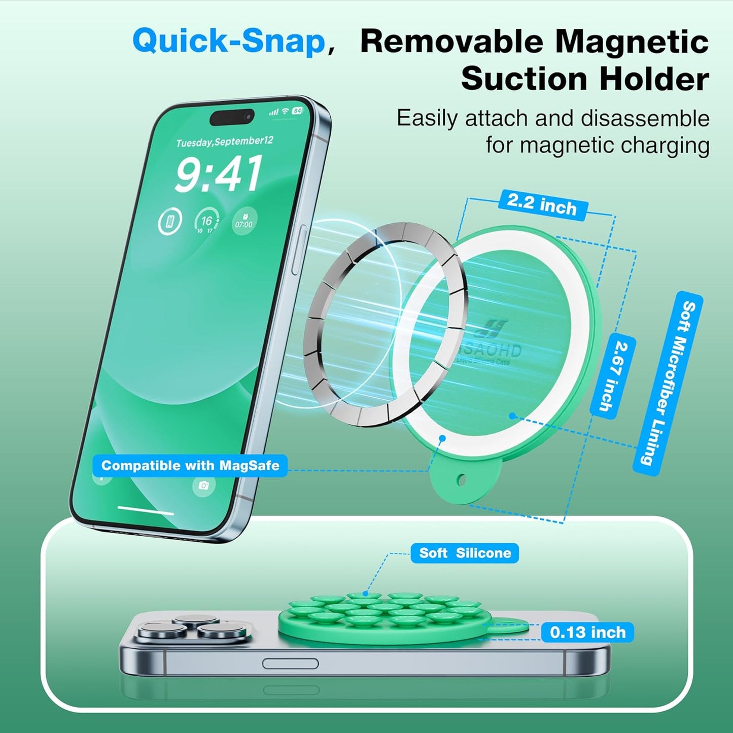 Magnetic Suction Cup Phone Mount for MagSafe Case, Silicone Hands-Free Grip Holder for iPhone and Android, Mirror Shower Phone Stand for Makeup FaceTime Gym Kitchen Bathroom, Emerald Green