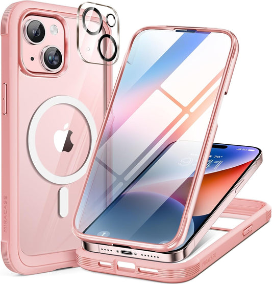 Miracase Glass Series for iPhone 15 Case [Compatible with MagSafe] Full-Body Magnetic Case with Built-in 9H Tempered Glass Anti-Fingerprint Screen Protector + Camera Lens Protector, Baby Pink