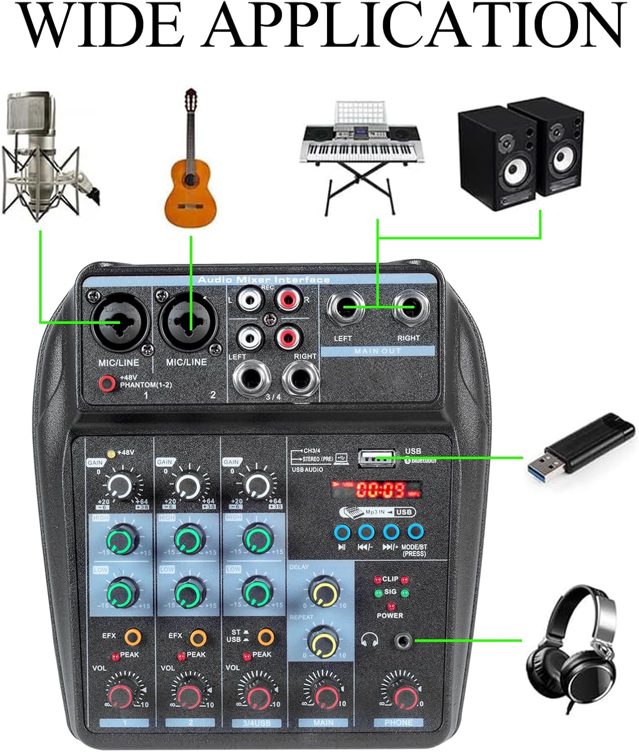 Dj Mixers 4 Channel Audio Mixer Sound Board with Bluetooth, Portable Usb Audio Interface with 48V Phantom Power Small Sounds Mixer Board with FX Delay Effect for Streaming