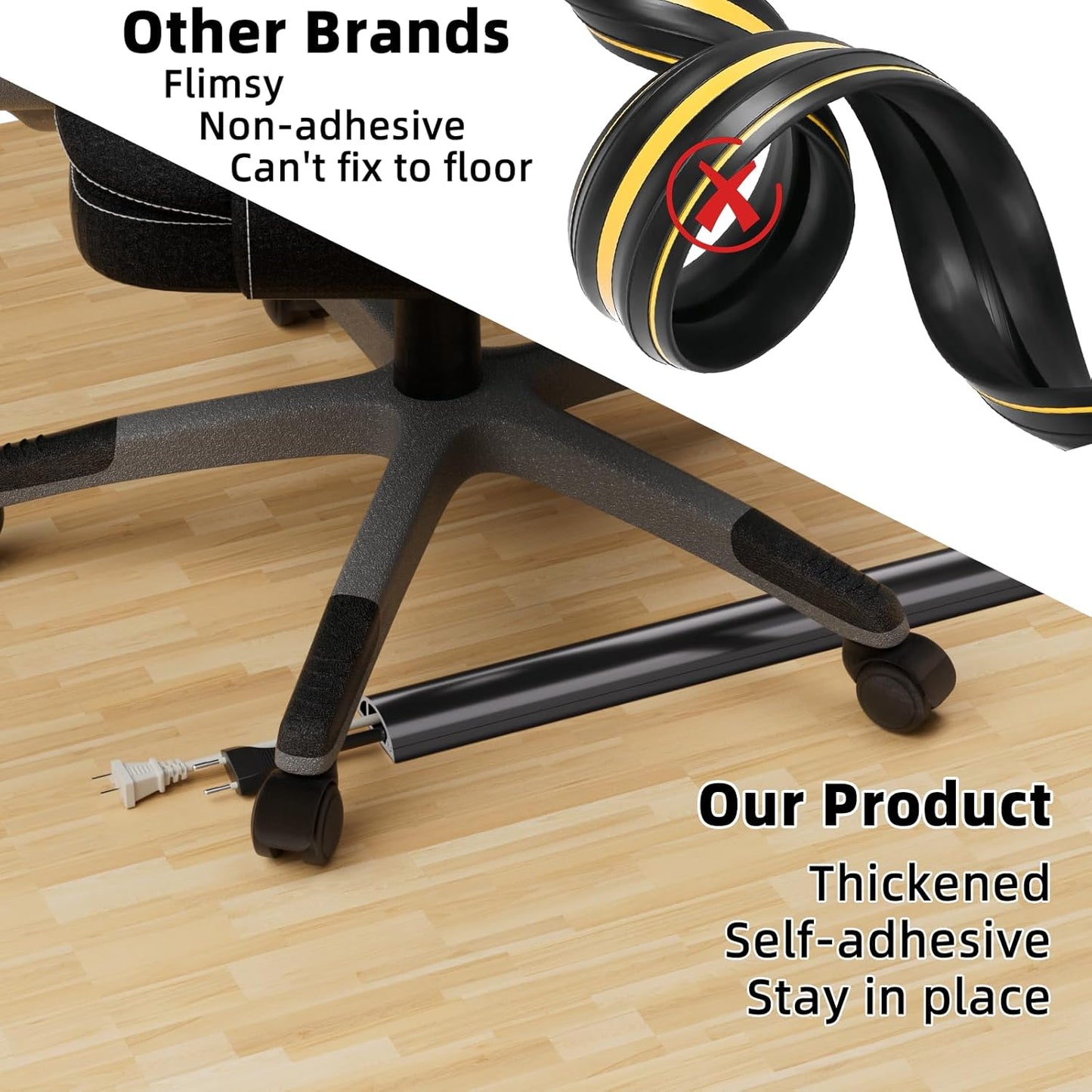 4ft Floor Cord Cover, Silicone Wire Hider, Hide Extension Cords, Protect Cords, Prevent Cable Trips, Heavy-Duty Adhesive-Backed Anti-Trip Cable Protector for Floor, Desk & Wall