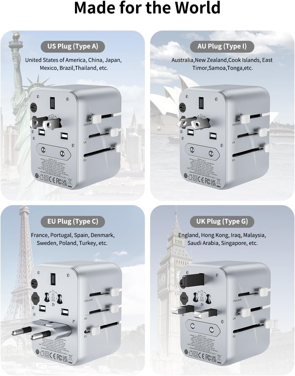 MOMAX Universal Travel Adapter, 20W+18W International Plug Adapter with 2 USB-A Quick Charging & 1 USB C PD Fast Charging,1 AC, All-in-one Wall Charger for USA EU UK AUS JP (Type C/A/G/I)