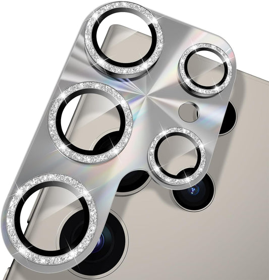 YWXTW Camera Lens Protector for Samsung Galaxy S24 Ultra, [Lithography Laser Gradient] [5X Strengthen] Bling Glitter Tempered Glass Screen Protector Metal Ring Camera Lens Cover (Titanium Gray)