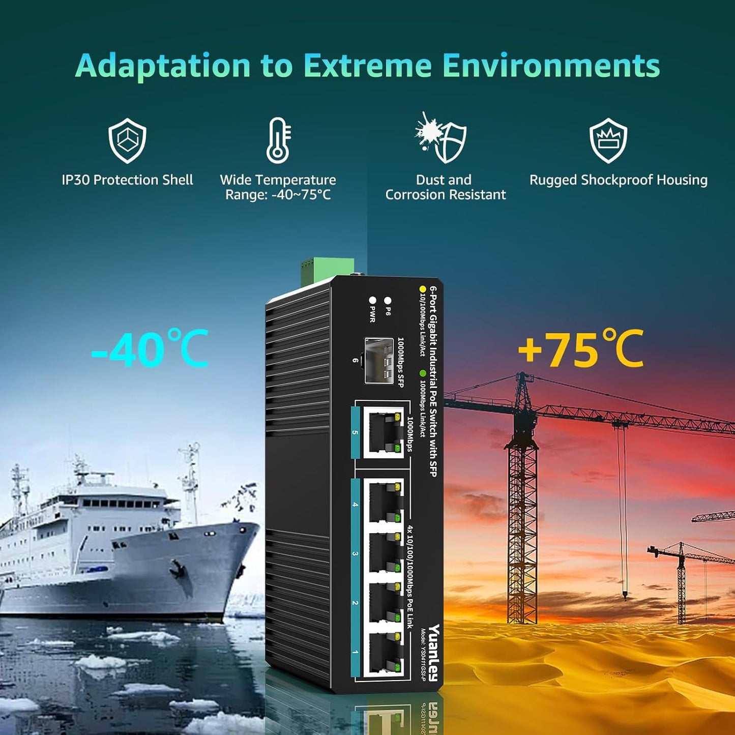 YuanLey 6 Port Industrial Switch with 4 Port PoE Gigabit, 1 1000Mbps Uplink, 1 SFP Port, Unmanaged Din-Rail PoE Switch with 66.25W Power Adapter, Support IEEE802.3af/at, VLAN & Loop