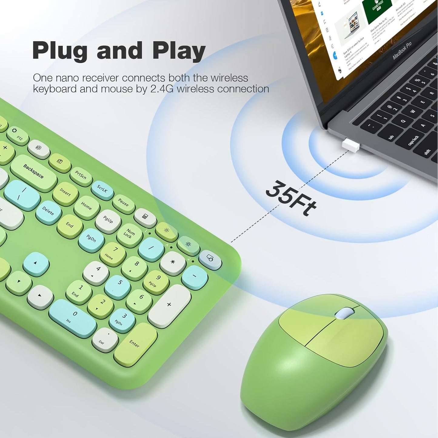 KNOWSQT Wireless Keyboard and Mouse Combo, Pale Green Full-Sized 2.4G Silent Keycap Colorful Keyboards, USB Dongle Plug Play, for Laptop, Windows, PC, Computer, Desktop