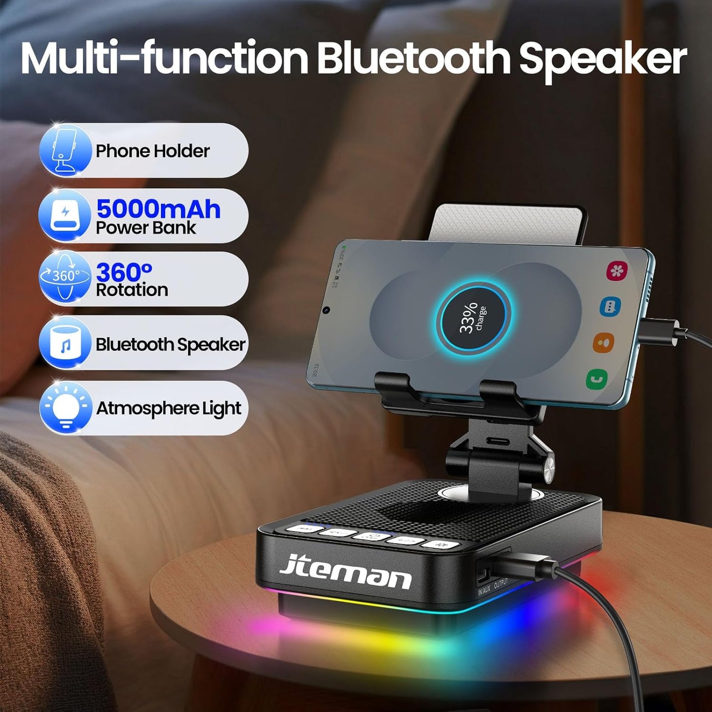 JTEMAN Gifts for Men Women Phone Stand Bluetooth Speaker with Light and Power Bank, 360 Rotating Phone Holder Cool Tech Gifts for Dad Mom Husband Unique Birthday Gift Ideas