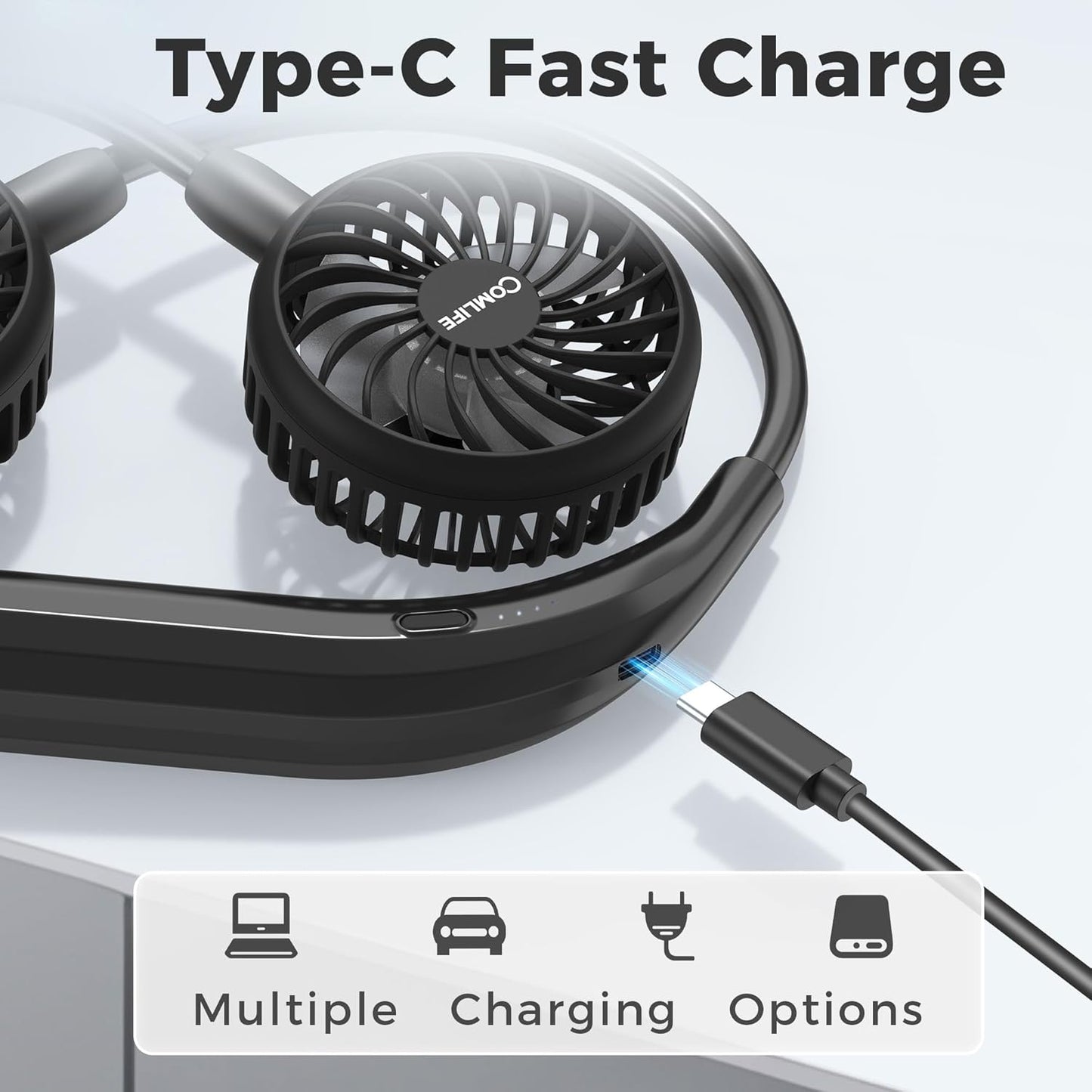 Portable Neck Fan, 2600mAh Battery Operated Ultra Quiet Hands Free USB Fan with Strong Wind, 360° Adjustable High Flexibility Wearable Personal Fan for Home Office Outdoor Travel (Black)