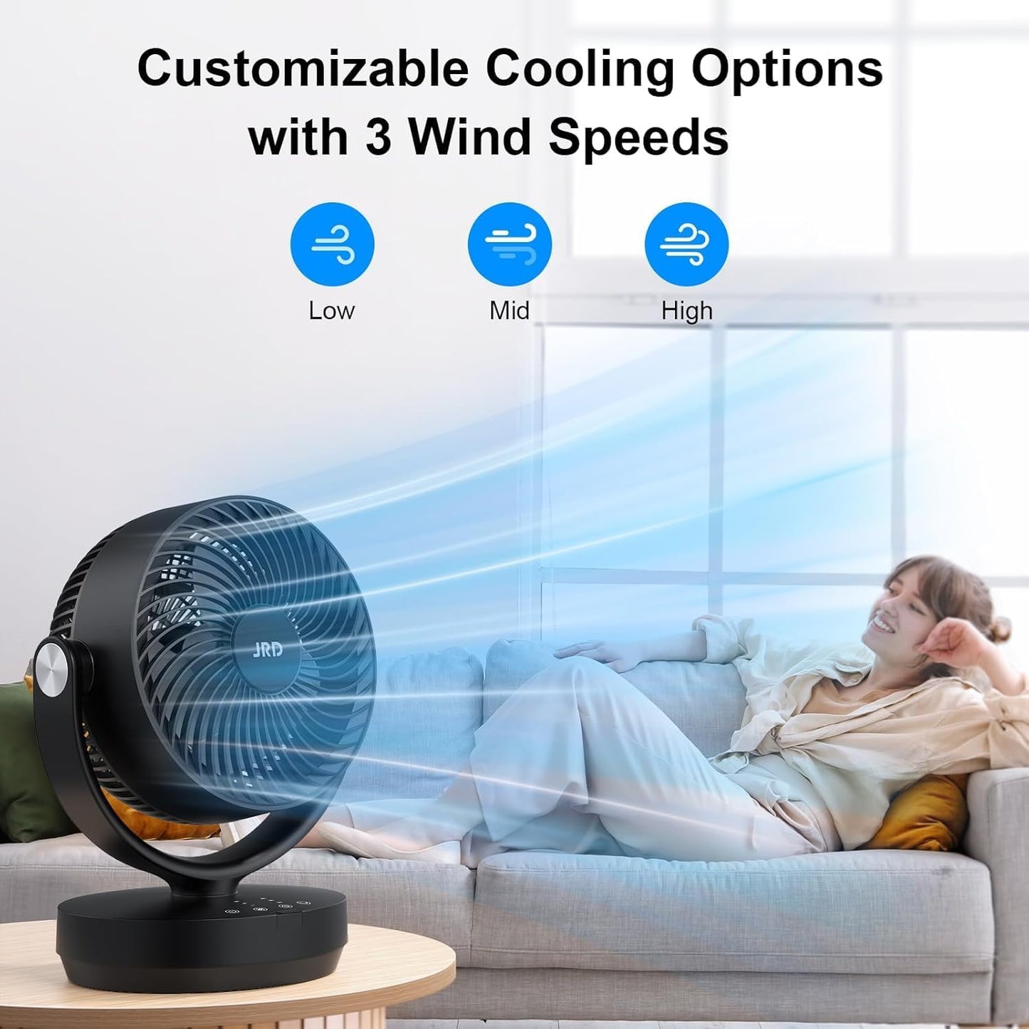 JRD Fans for Bedroom, 90° Oscillating Air Circulator Fan, 13 Inch Quiet Table Fan with Remote, 120° Adjustable Tilt, 3 Speeds, 7H Timer, Powerful Desk Fan for Whole Room Home Office Living Room