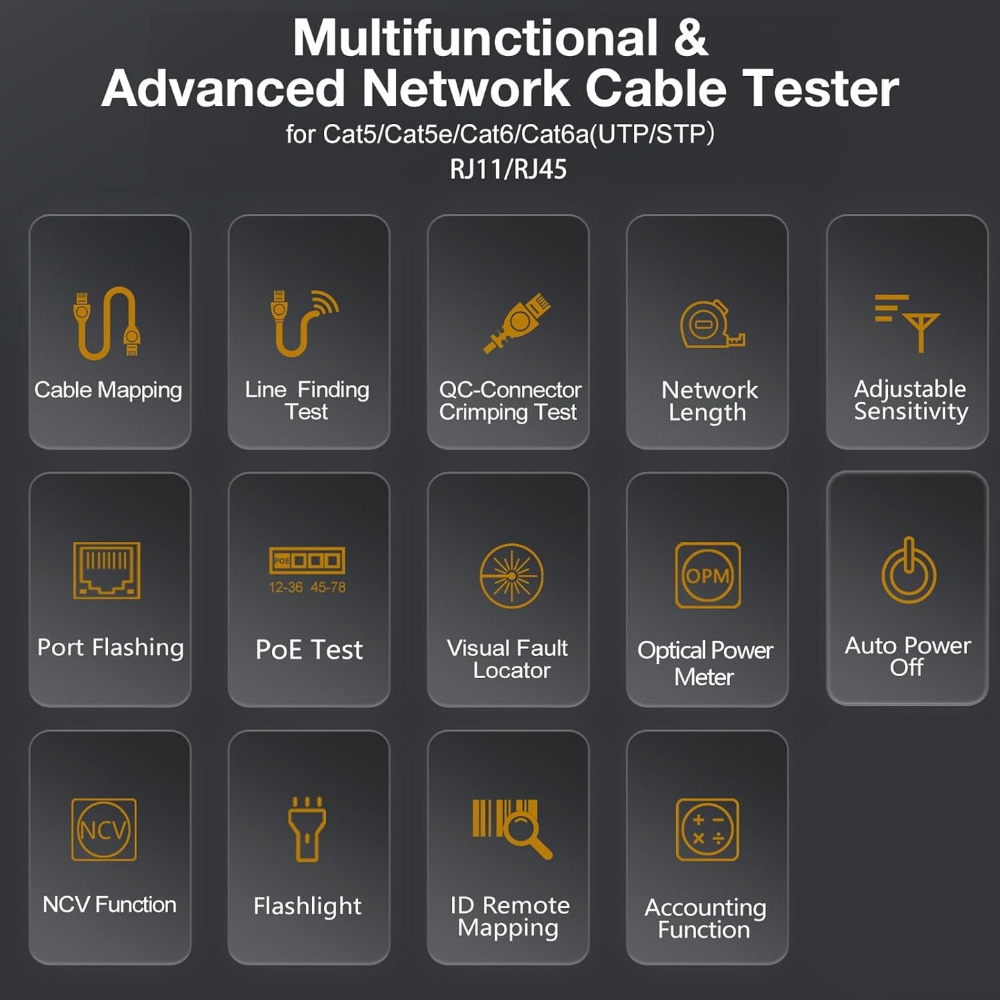 10 in 1 Network Cable Tester with 7 Wavelengths OPM 10Km/10mW VFL 600M Measurable Length 100 Records Tool Kit for CAT5 CAT6 Telephone Ethernet RJ11 RJ45 PoE Wire Tracer NCV, Blue