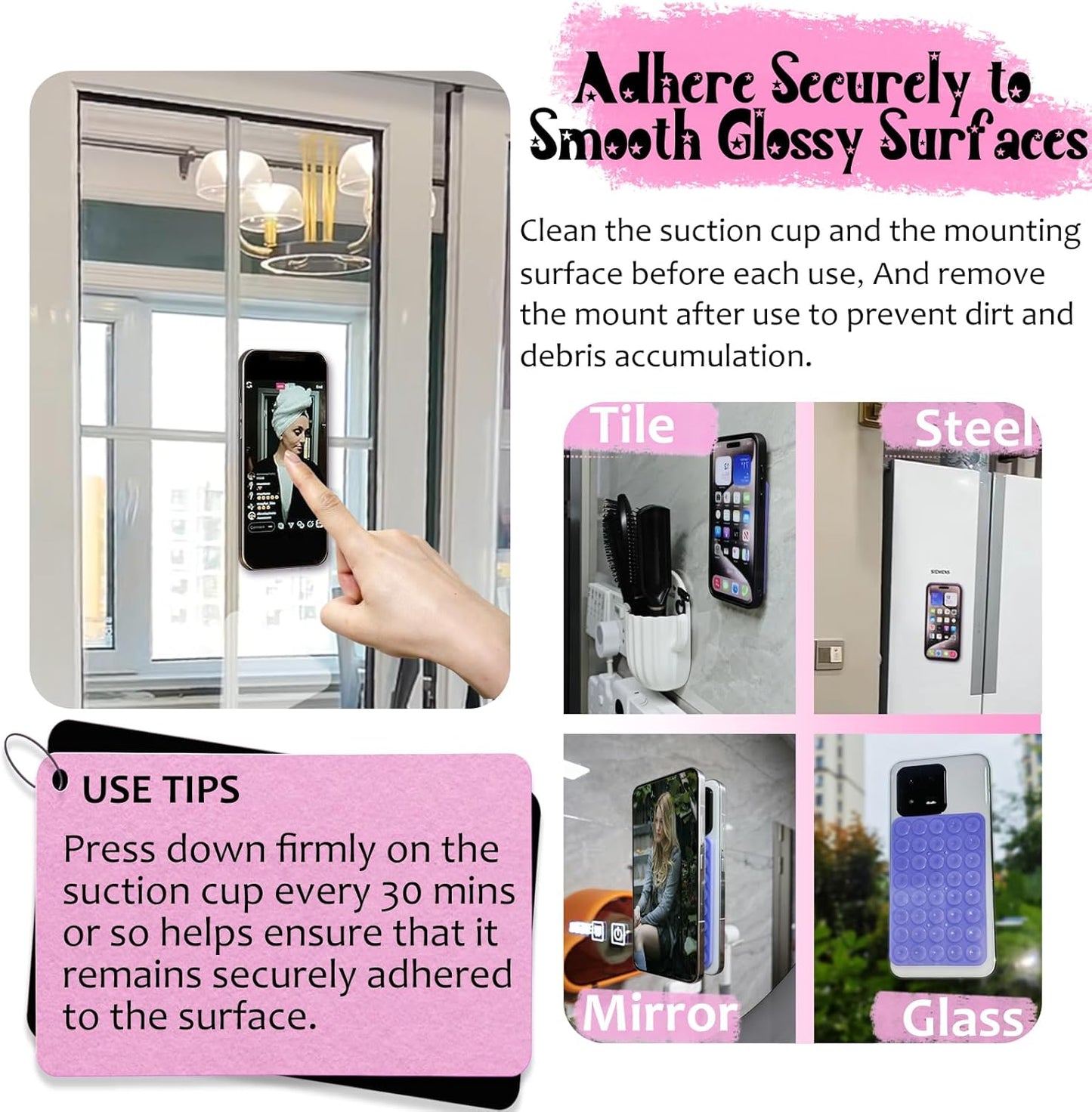 2 Pack Silicone Suction Cup Phone Case Mount Double Sided, Hands-Free Strong Grip Silicon Phone Holder, Non Slip Phone Accessories for Selfies and Videos (Light Pink)