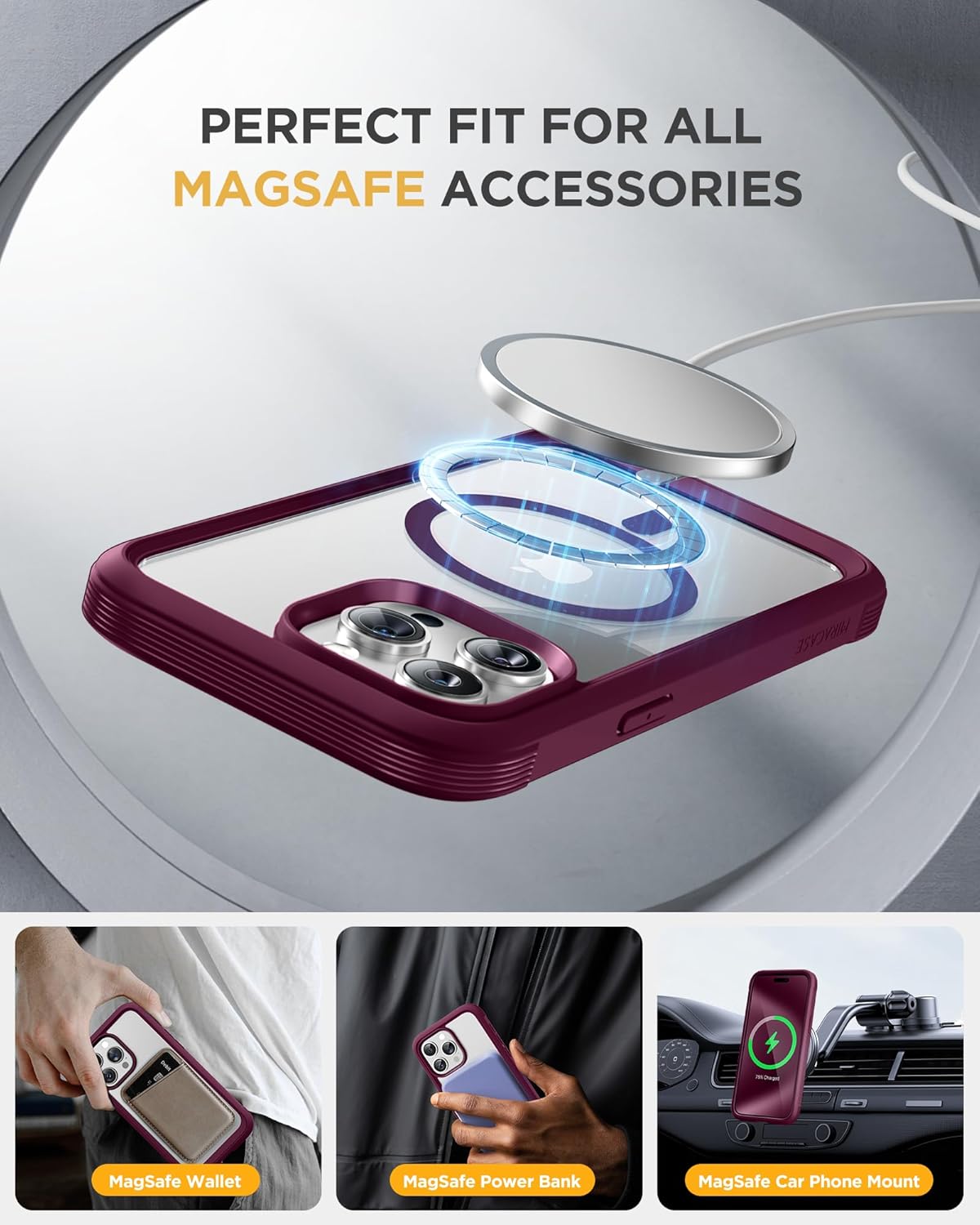 Miracase Magnetic for iPhone 12 Pro Max Case [Compatible with MagSafe] Full-Body Phone case with Built-in Glass Screen Protector& Camera Protector, Military Drop Proof 12 Pro Max Cover, Wine Red