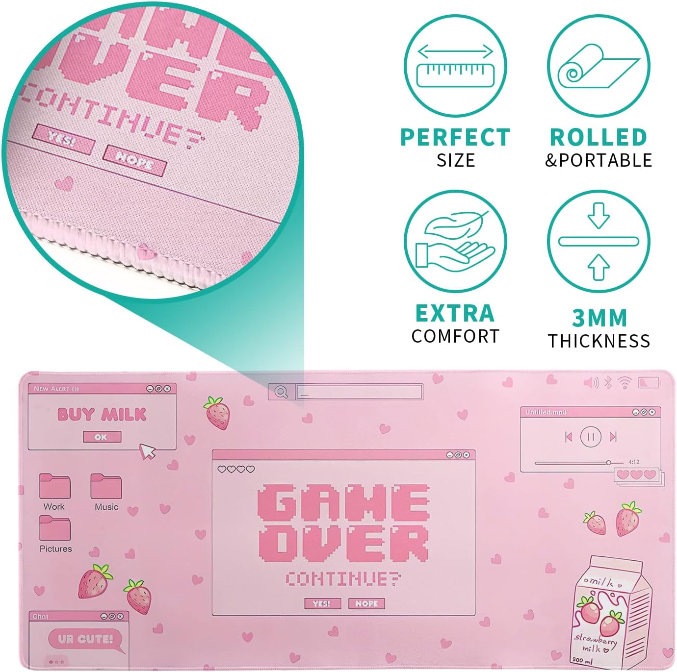 Pink Gaming Mouse Pad 31.5x11.8 Inch Pastel Game Over Large Mousepad Kawaii Office Decor for Women Non-Slip Rubber Base Stitched Edges Keyboard Mouse Mat Desk Pad for Office Home and Game