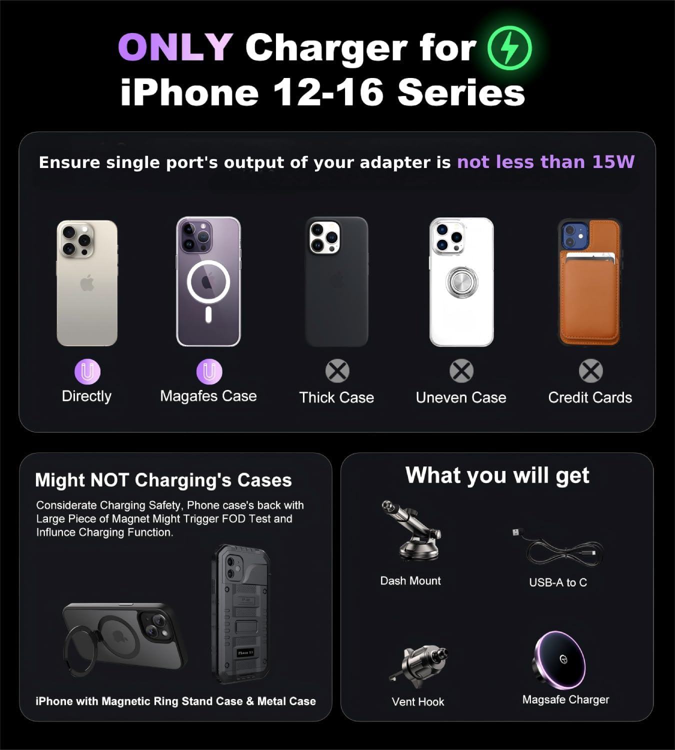 for MagSafe Car Mount Charger Dash Vent Windshield Wireless Car Charger with LED Light, Strong Magnetic Phone Holder for Car for iPhone 16 15 14 13 12 Series, Fit MagSafe Accessories (Purple)