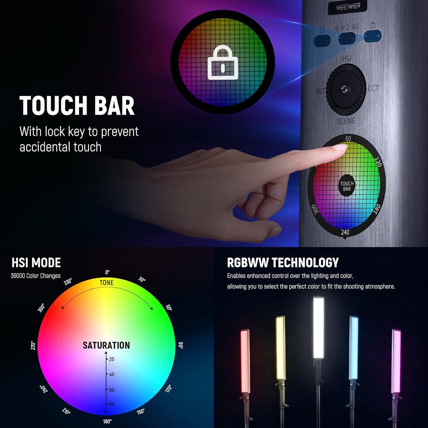 NEEWER RGB Light Wand with 2.4G/APP Control, Upgraded 360° Touchable RGBWW Hue Mixer Photography Handheld LED Video Lighting Stick with 2500K-10000K, CRI/TLCI97+, 18 Scenes, 7.4V/31Wh Battery, BH-30S