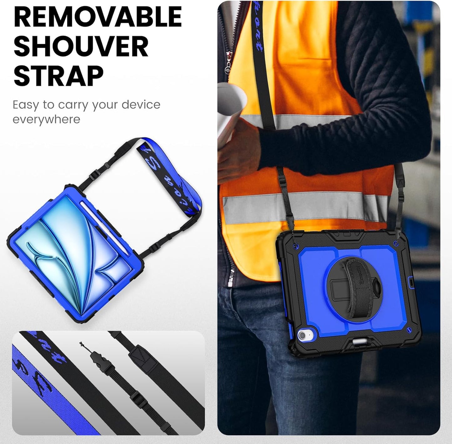 timecity Case for iPad Air 11 Inch M3/ M2 (2025/2024), 360° Rotating Stand, Pencil Holder & Wireless Charging, Shockproof with Screen Protector & Shoulder Strap - for Designers, Dark Blue