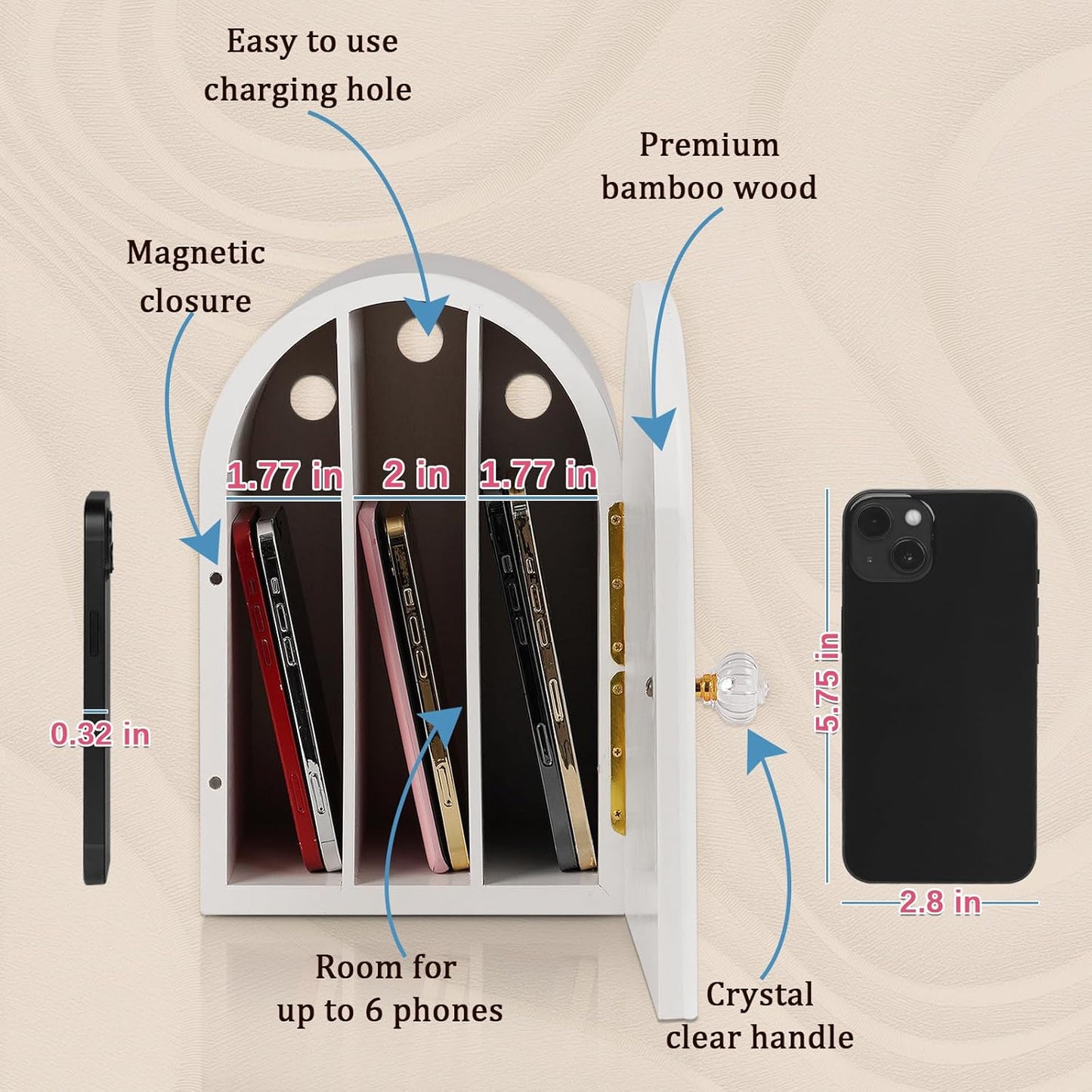 Phone Box for Family Time, Bamboo Cell Phone Jail, 3 Sections Hold 6 Phones, with Charging Holes, Phone Holder Self-discipline Box, Help Kids Adults Focus Back, Mobile Phone Addiction (White)