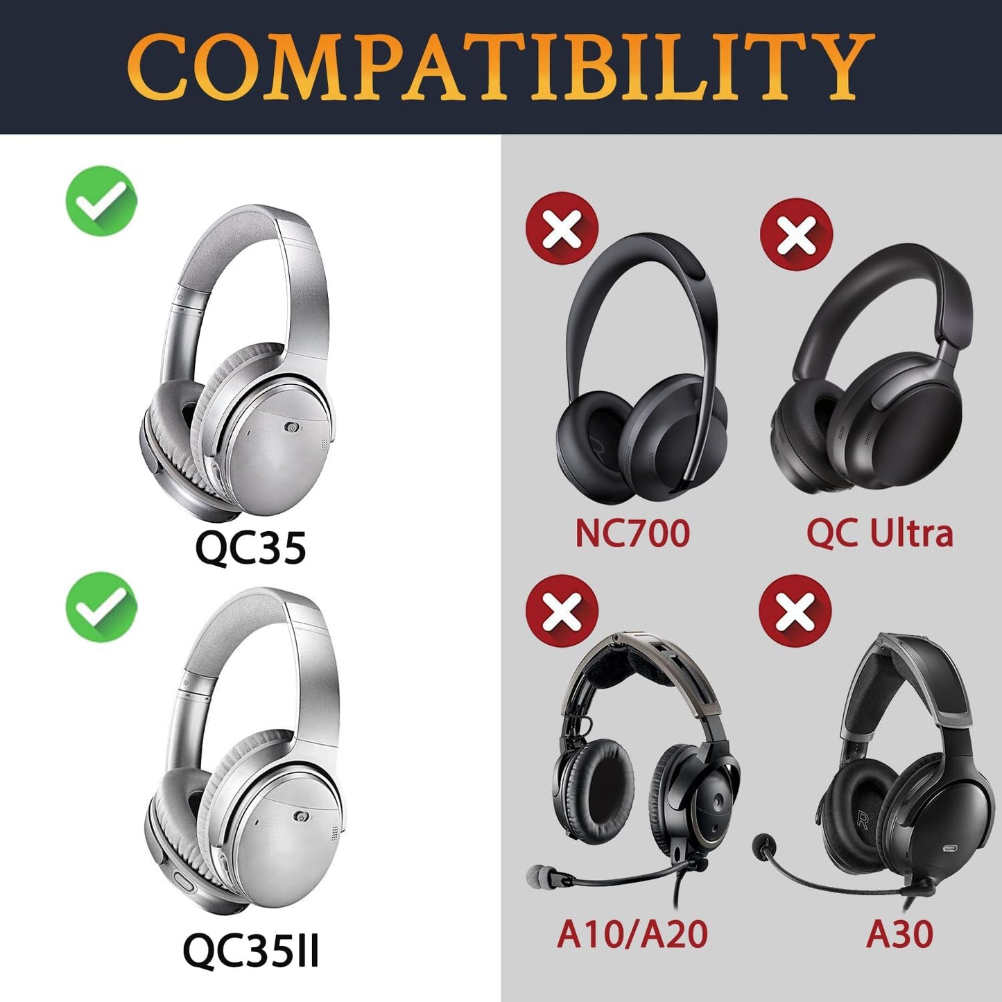 SoloWIT Replacement Earpads Cushions for Bose QuietComfort 35 (QC35) & Quiet Comfort 35 II (QC35 ii) Headphones, Ear Pads with Softer Leather, Noise Isolation Foam, Added Thickness (Grey)