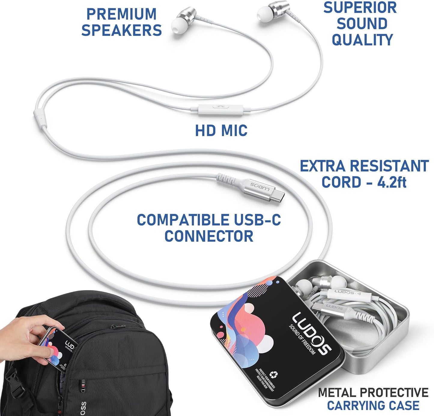LUDOS OMNITONE USB C Headphones for iPhone 16 15 Pro Max Plus iPad Pro, 5 Years Warranty, USB-C Earbuds for Samsung Galaxy S24 S23 Ultra S22 S21 FE S20 A55 A54 A53, USB Type C Earphones - White