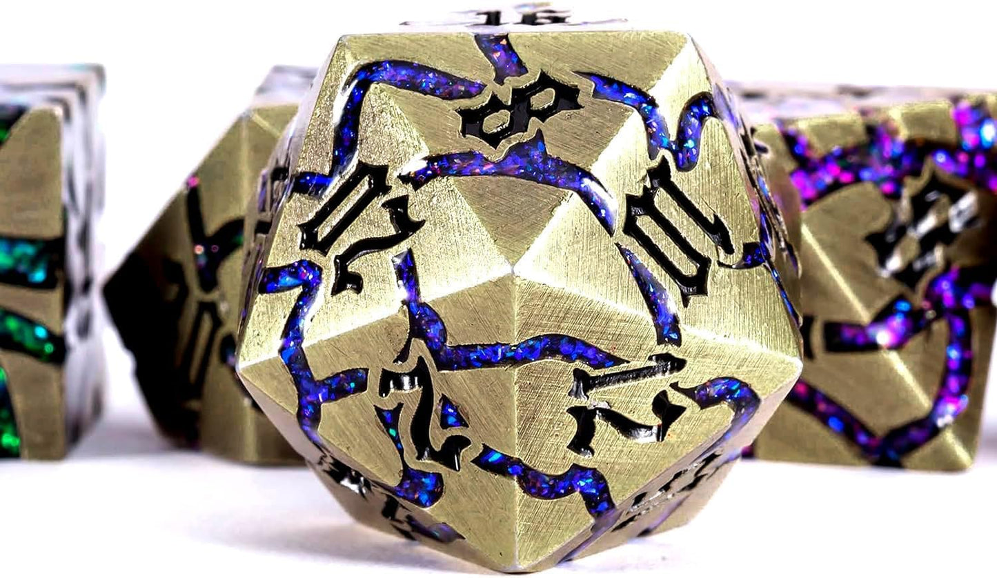 Metal DND Dice Set, 7PCS Polyhedral D&D Dice Set,Glitter Crack Dice Set for Dungeons and Dragons Role Playing Game(Antique Blue 7 Colors)