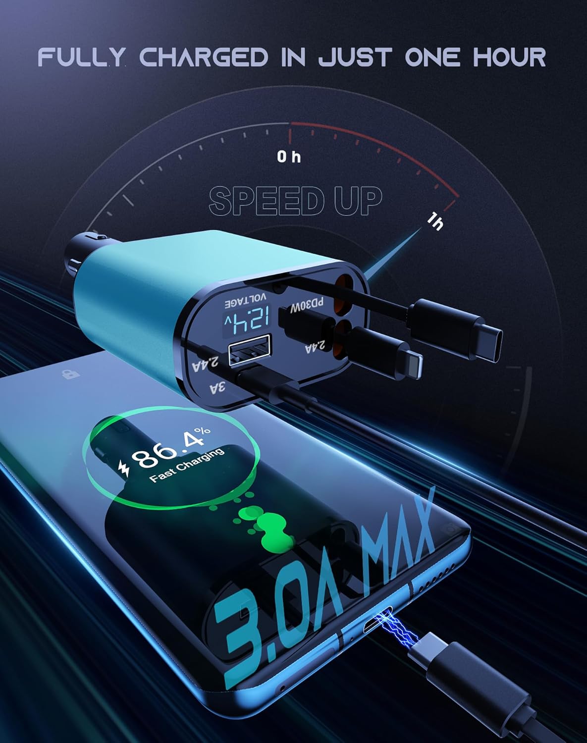 Retractable Car Phone Charger, 4 in 1 Fast Charge Car Phone Charger with 2 Retractable Cables(2.6ft) and 2 USB Ports, Compatible with iPhone15/14/15 Pro Max,Samsung (Light Blue)