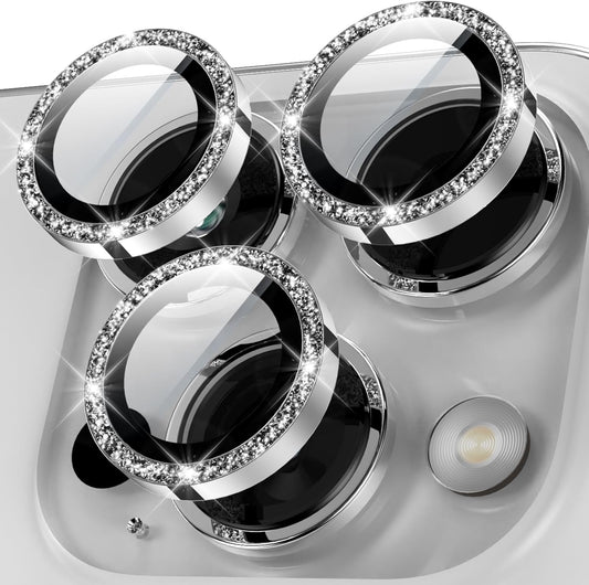 YWXTW Designed for iPhone 15 Pro/iPhone 15 Pro Max Camera Lens Protector Bling, [New Glitter Design] Individual Metal Tempered Glass Camera Cover Accessories Case Friendly (Silver Titanium Glitter)