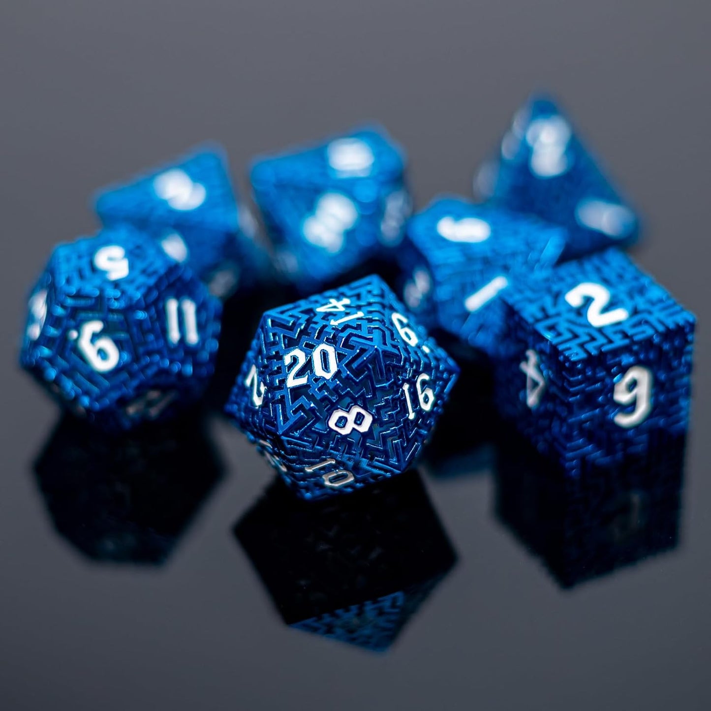 Blue Metal Hollow DND Dice Set (Wizard) Metallic Luster Maze Design with Storage Box - Balanced Weight 7 Piece Zinc Alloy, designed for Dungeons and Dragons DMs and Players RPG Accessories