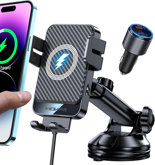 Wireless Car Charger, MOKPR 15W Fast Charging Auto-Clamping Car Mount Universal Hands-Free Car Charger Mount for Dash Windshield Air Vent Compatible with iPhone 15/14/13/12, Samsung S23/S22/S21 Black