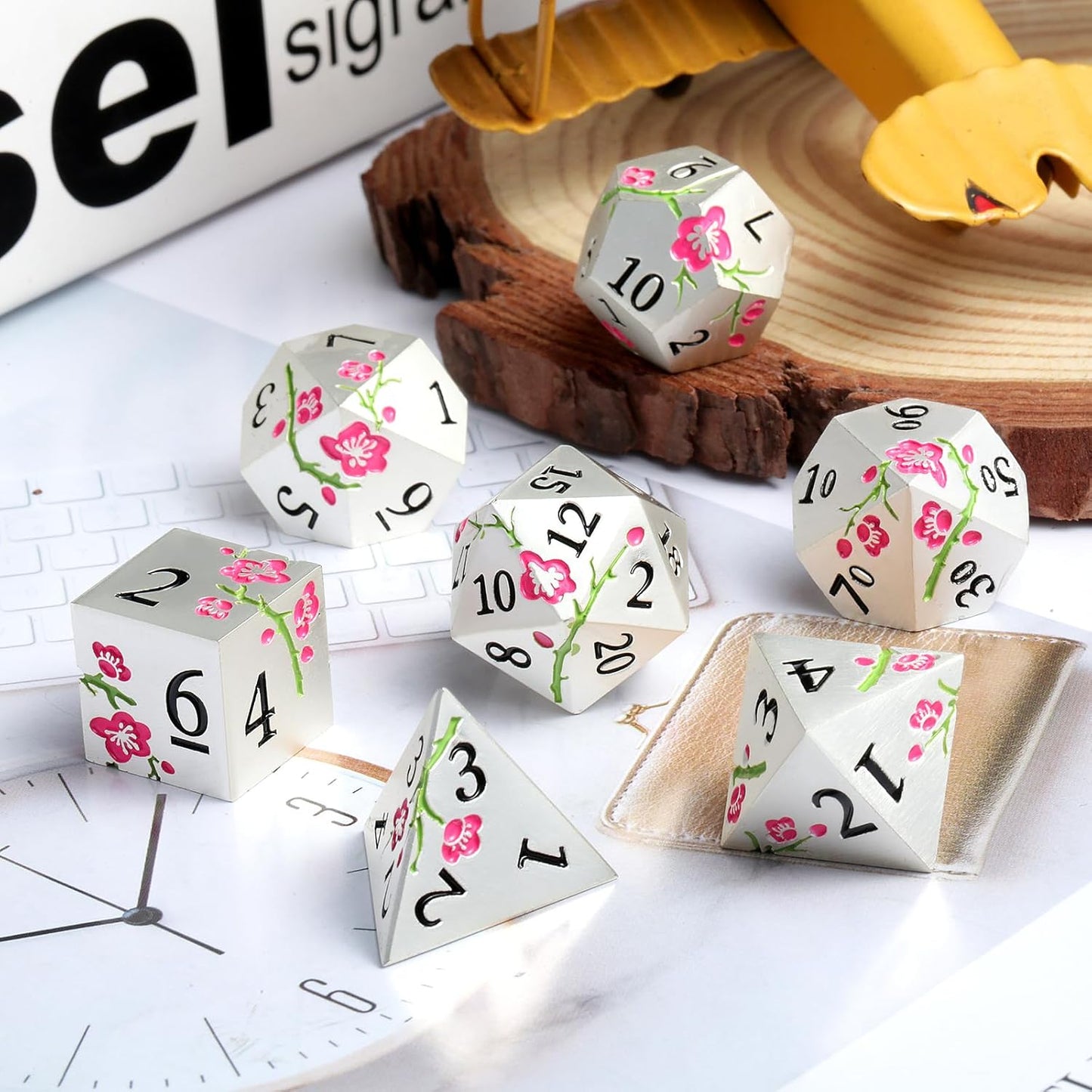 Metal Dungeons and Dragons Dice DNDND 7 PCS Heavy Metallic Flower D&D Dice Set with Gorgeous Gift Case for DND Tabletop Game (Matte Silver with Pink Flower)