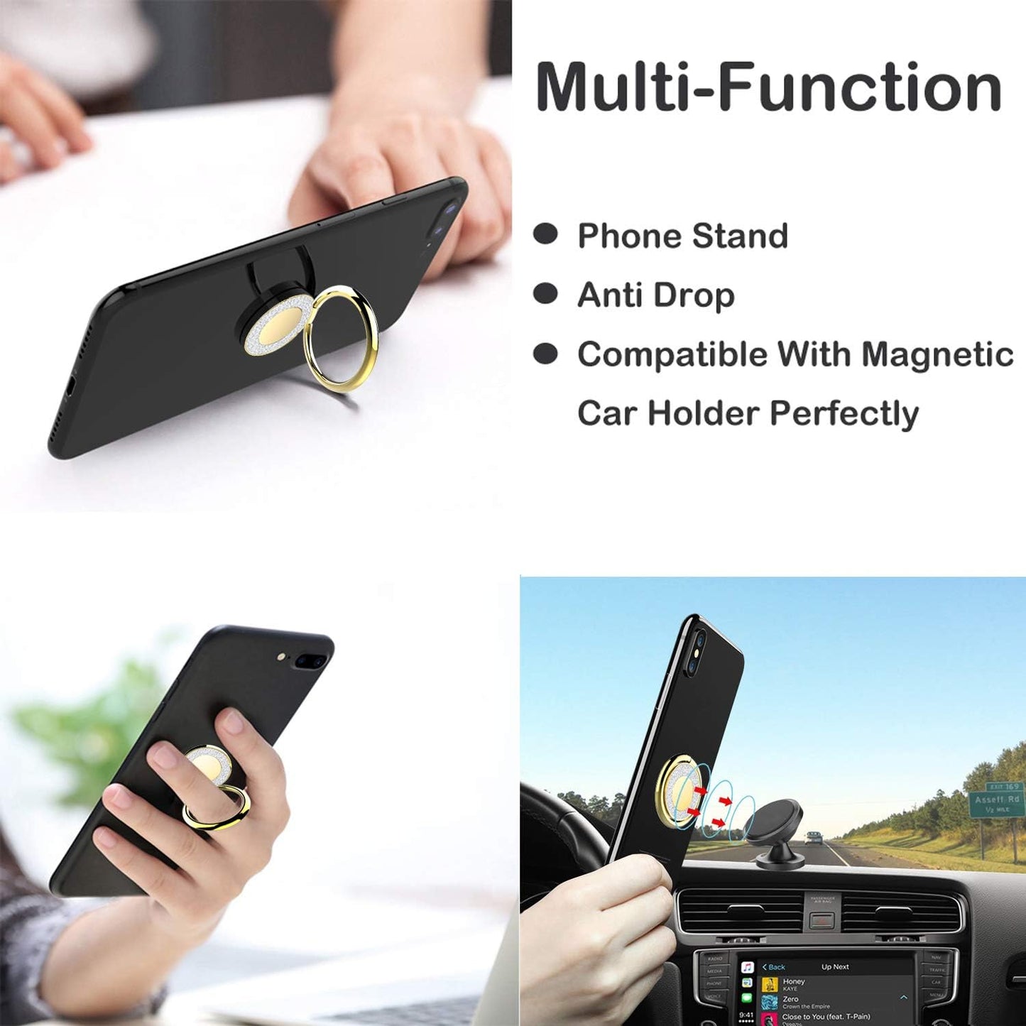 Cell Phone Ring Holder Stand, Cell Phone Grip Holder, Adhesive Phone Grip for Phones and Cases. (Glitter Gold)